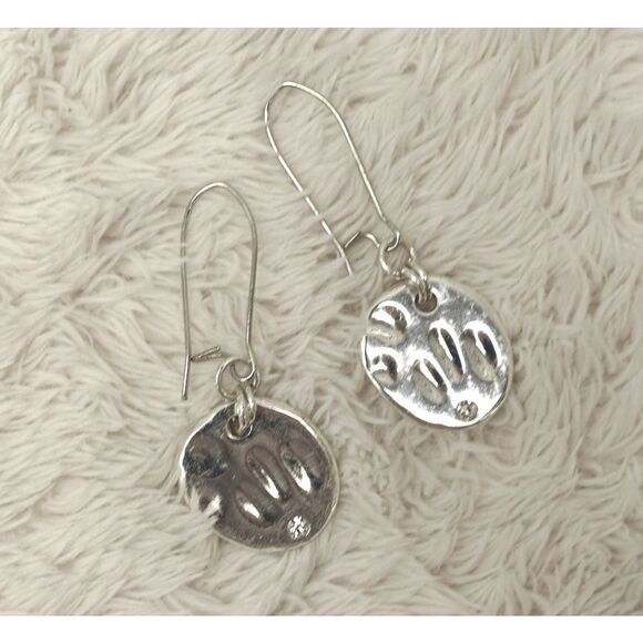 Classic Round Hammered Faux Silver Long Drop Earrings - Picture 3 of 4